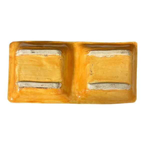 VTG Handmade Divided Ceramic Dish – Orange Glaze with Green Leaf Vine - Picture 2 of 3